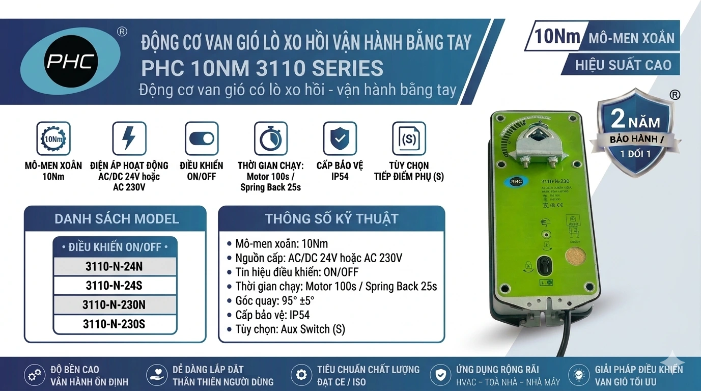 ĐỘNG CƠ VAN GIÓ LÒ XO HỒI VẬN HÀNH BẰNG TAY PHC 10NM 3110 SERIES