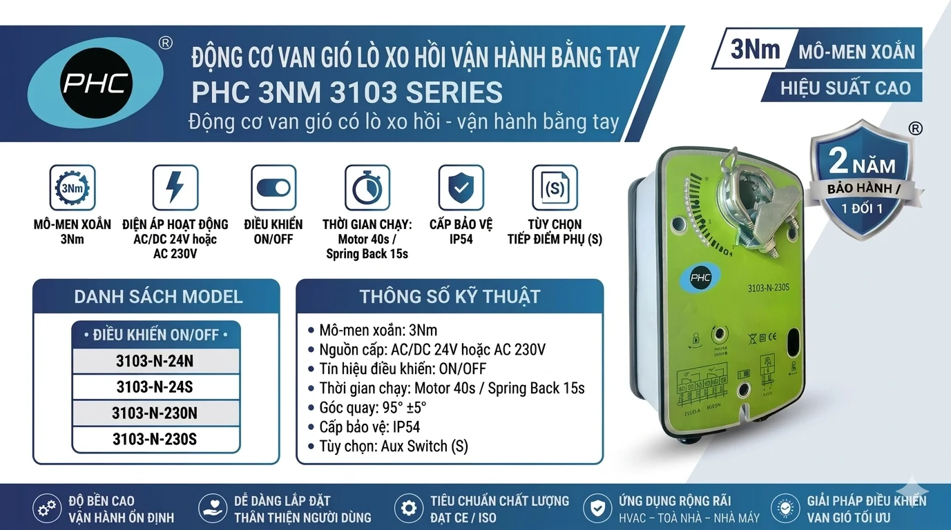 ĐỘNG CƠ VAN GI&Oacute; L&Ograve; XO HỒI VẬN H&Agrave;NH BẰNG TAY PHC 3NM 3103 SERIES