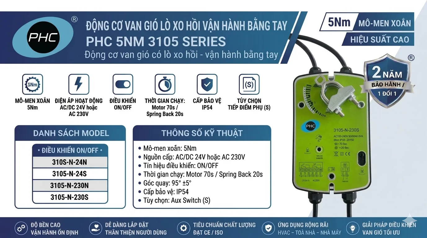 ĐỘNG CƠ VAN GIÓ LÒ XO HỒI VẬN HÀNH BẰNG TAY PHC 5NM 3105 SERIES