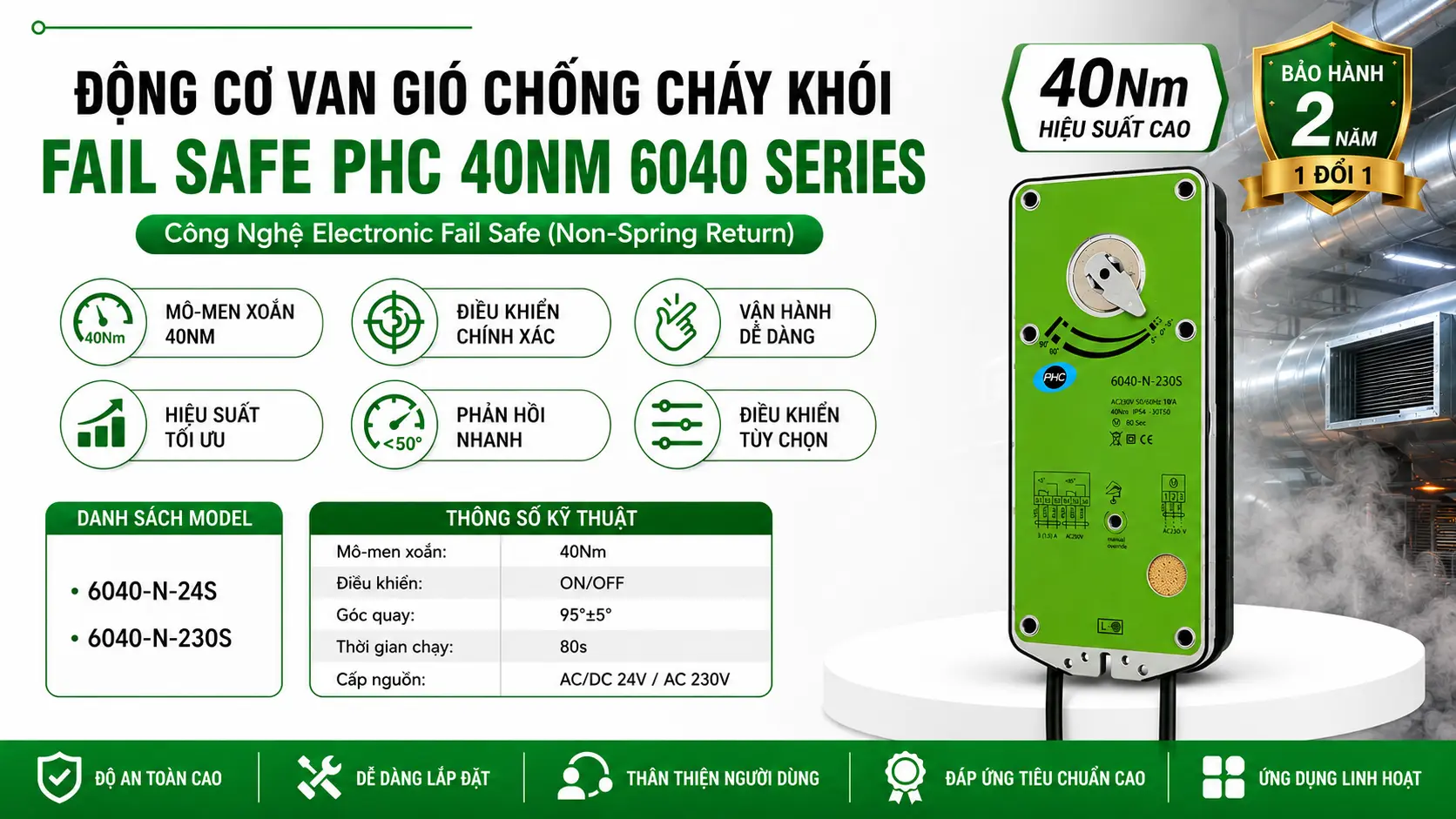 ĐỘNG CƠ VAN GIÓ CHỐNG CHÁY KHÓI FAIL SAFE PHC 40NM 6040 SERIES