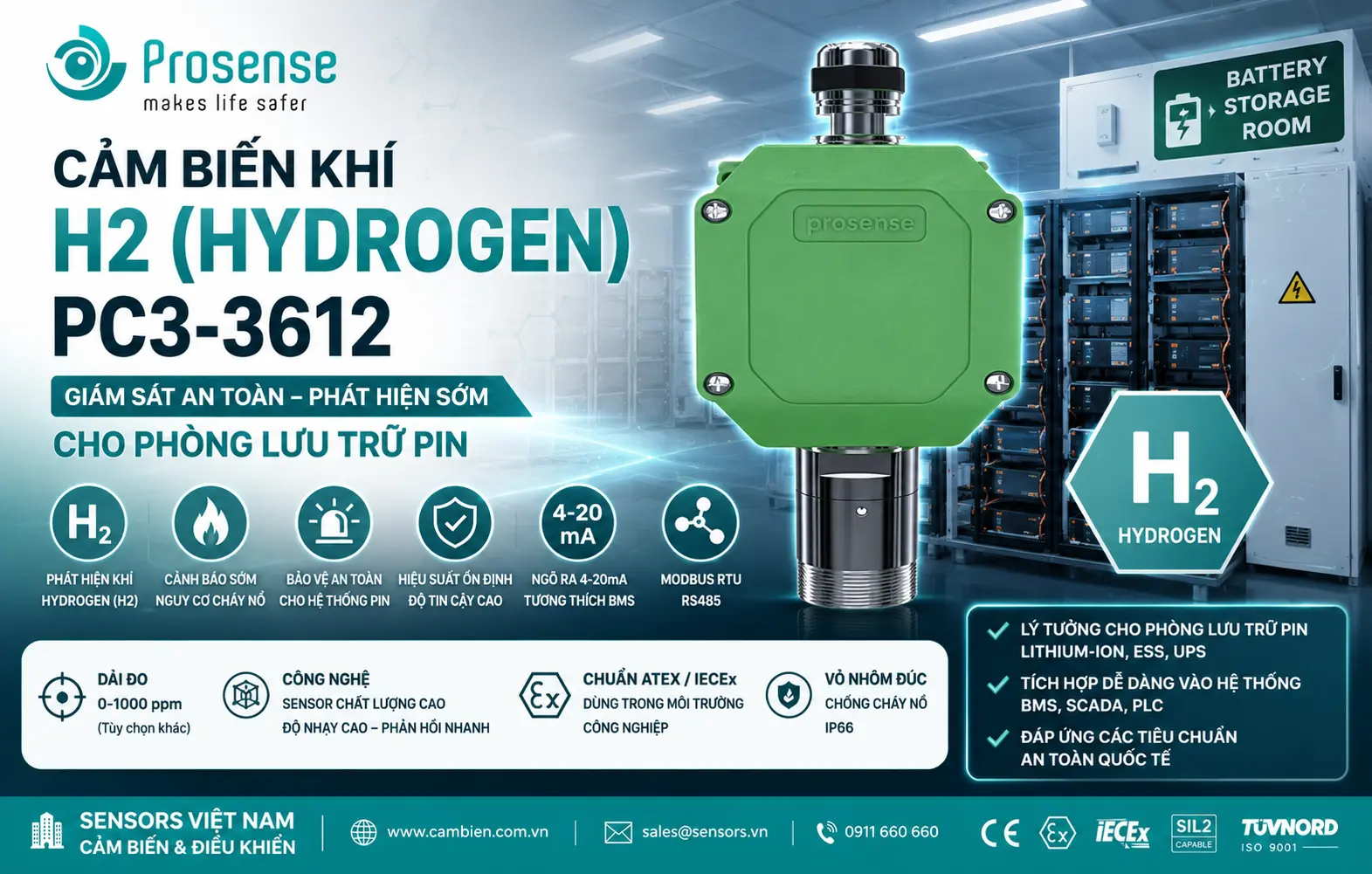 CẢM BIẾN KH&Iacute; H2 (HYDROGEN) CHO PH&Ograve;NG LƯU TRỮ PIN